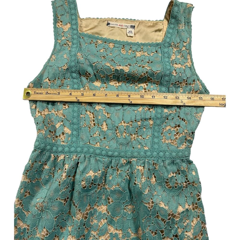 Chelsea & Violet Teal Lace Dress Nude Lined Sleeveless Square Neck Fit Flare XS - Picture 10 of 16